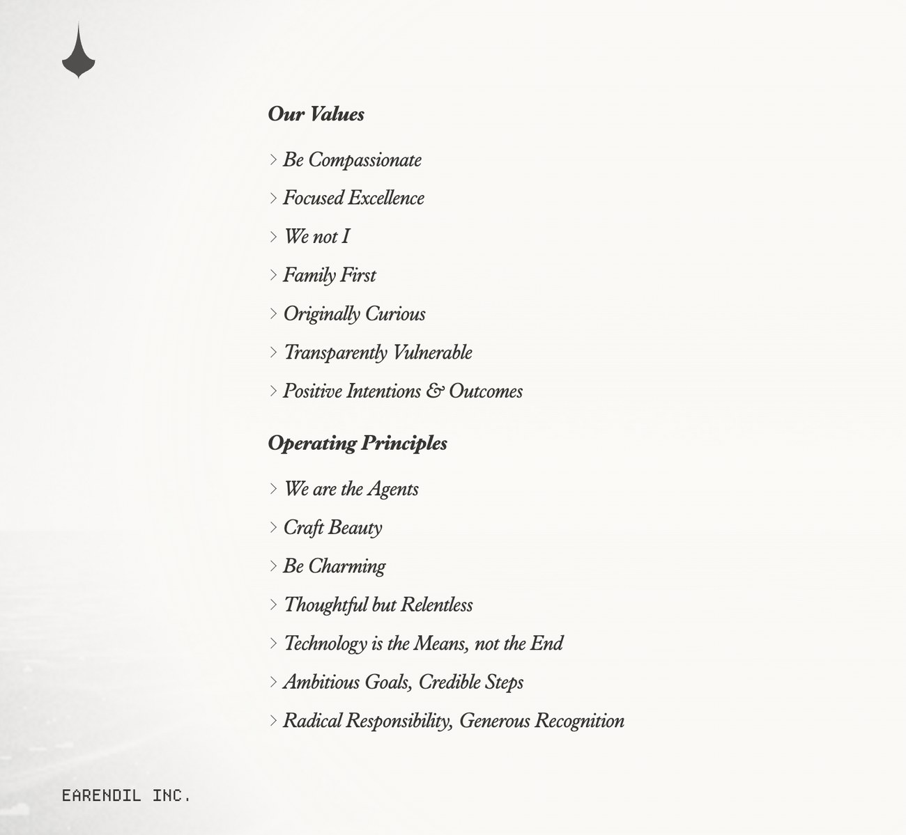 The Earendil values and operating principles page