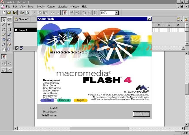The About Flash window of Macromedia Flash 4 on Windows, with the splash artwork and development credits