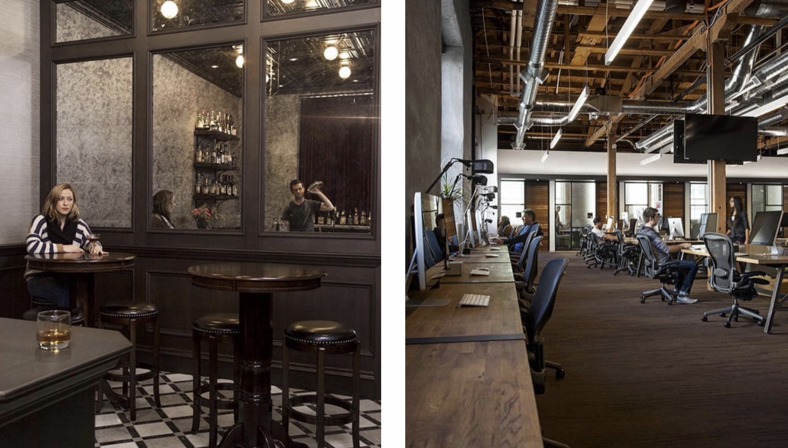 Two photos of the early GitHub office: a woman at a small table in the hidden bar, and a long row of desks under exposed wooden beams
