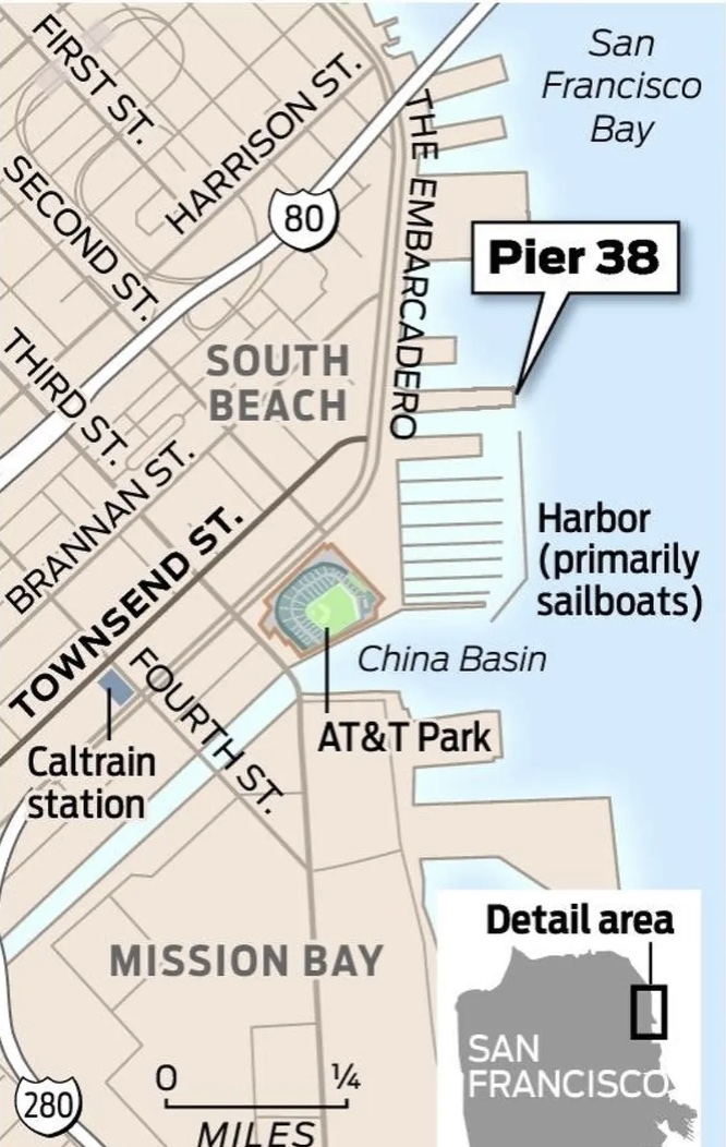 A map of San Francisco&rsquo;s South Beach and the Embarcadero with Pier 38 marked, near AT&T Park and the China Basin harbor