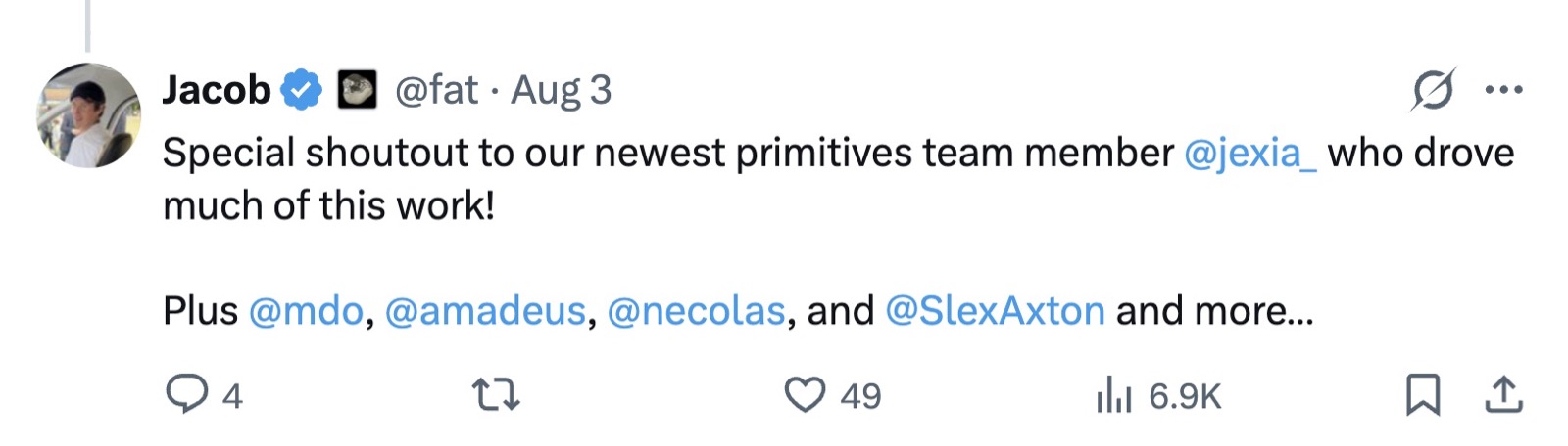 A post from Jacob (@fat) on X: a shoutout to Pierre&rsquo;s newest primitives team member and others who drove much of the work