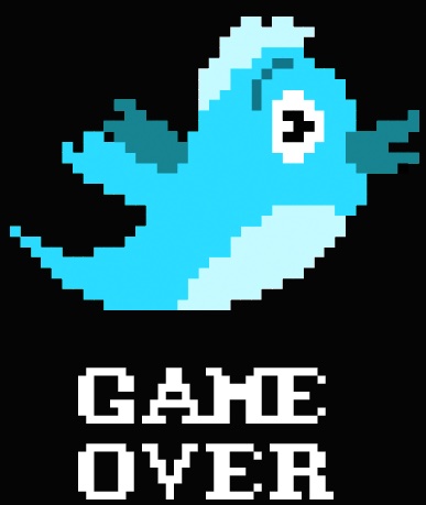 A pixel-art Twitter bird above the words GAME OVER on a black background