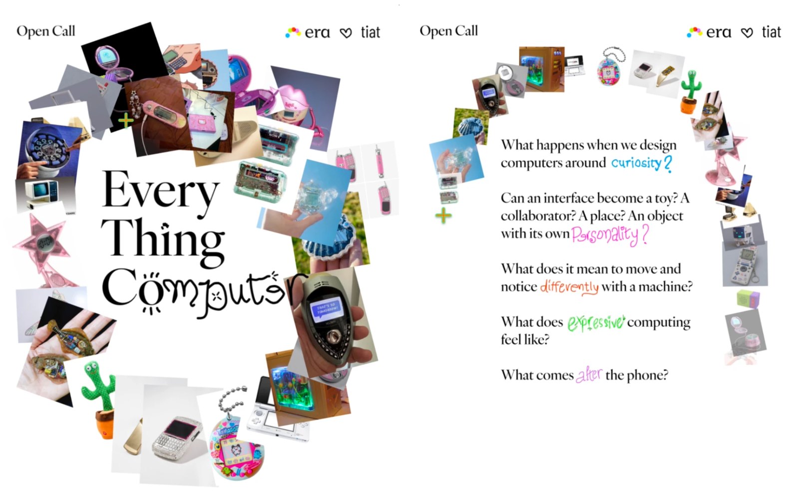 Open call poster for Every Thing Computer by era and tiat, ringed with photos of playful vintage gadgets