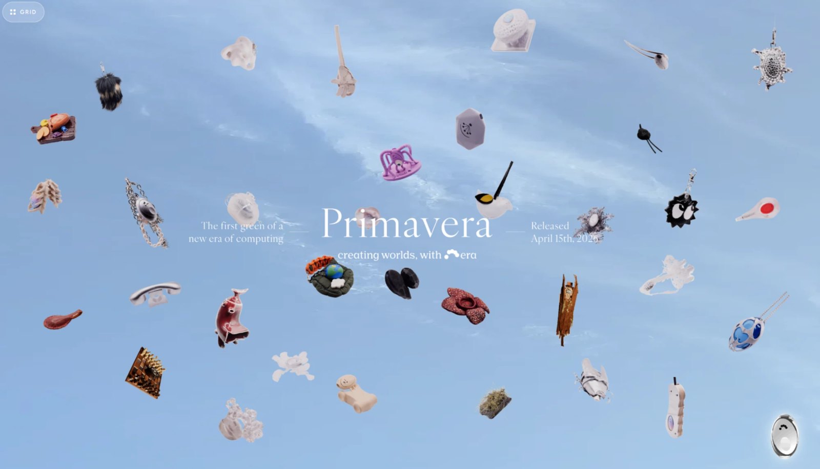 Primavera: dozens of handmade AI devices floating against a blue sky, around the words &ldquo;creating worlds, with era&rdquo;