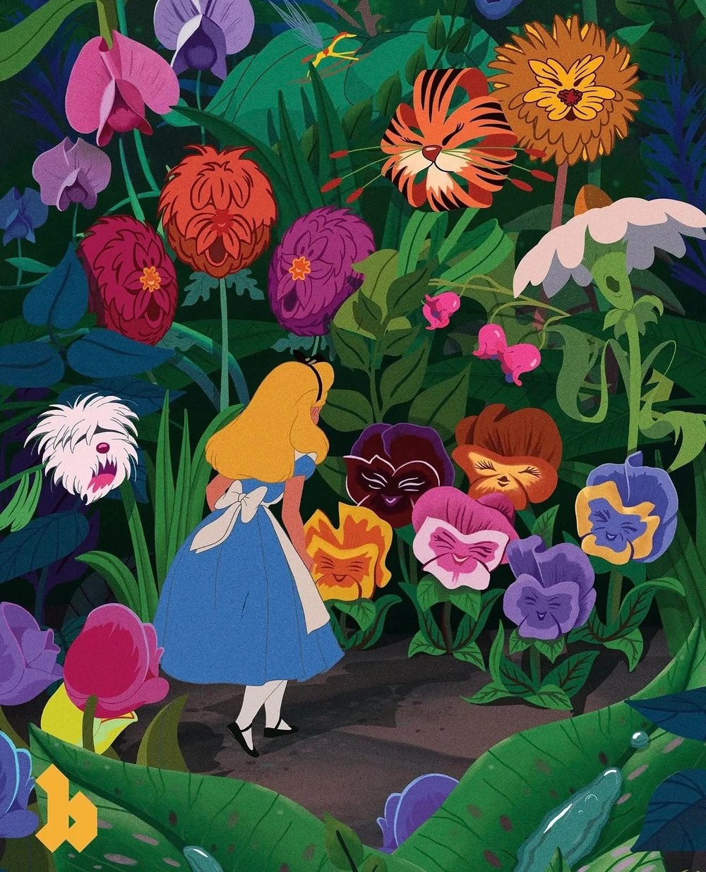 An illustration of Alice in Wonderland among oversized flowers