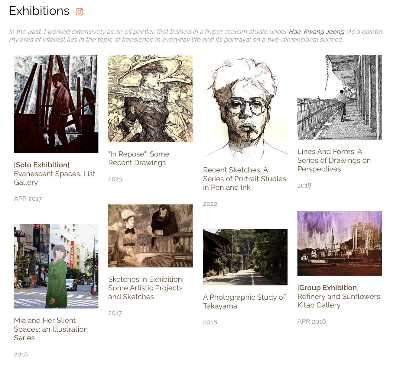 Joon Sung Park&rsquo;s exhibitions page, showing his paintings and drawings