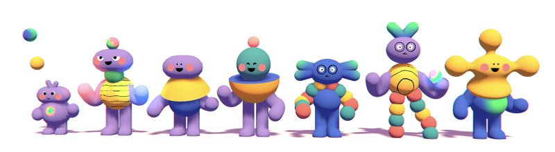 Seven playful early Tolan concepts in purples, blues and yellows