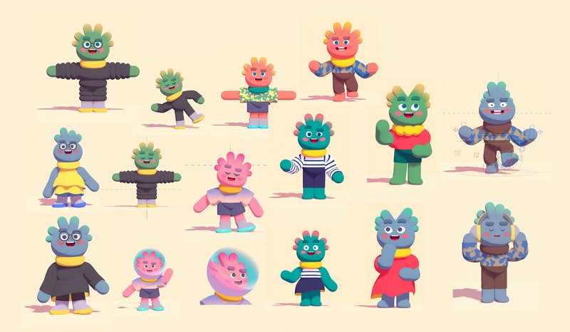 A grid of refined Tolan character explorations in different outfits and colors