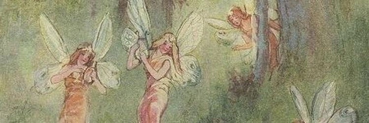 A vintage illustration of winged fairies among trees in a green forest