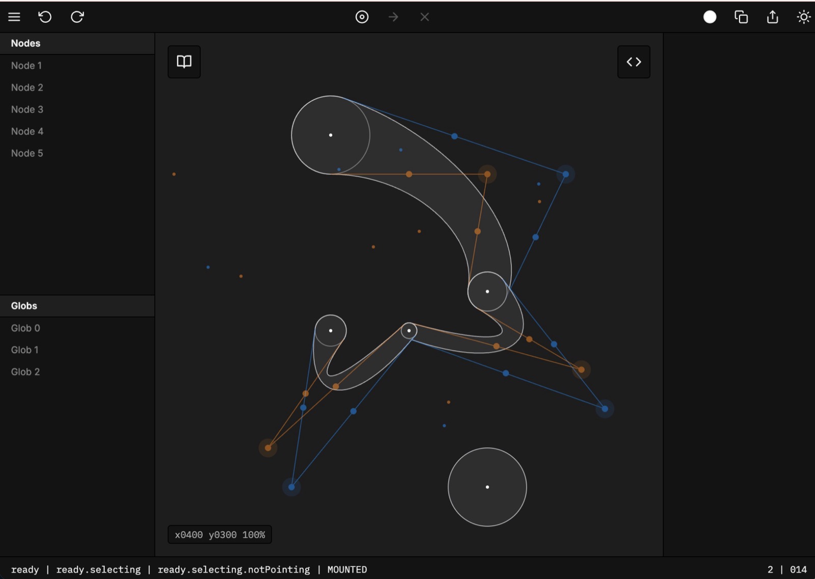 A screenshot of the globs design tool in dark mode, showing a curved glob shape with node handles and control points