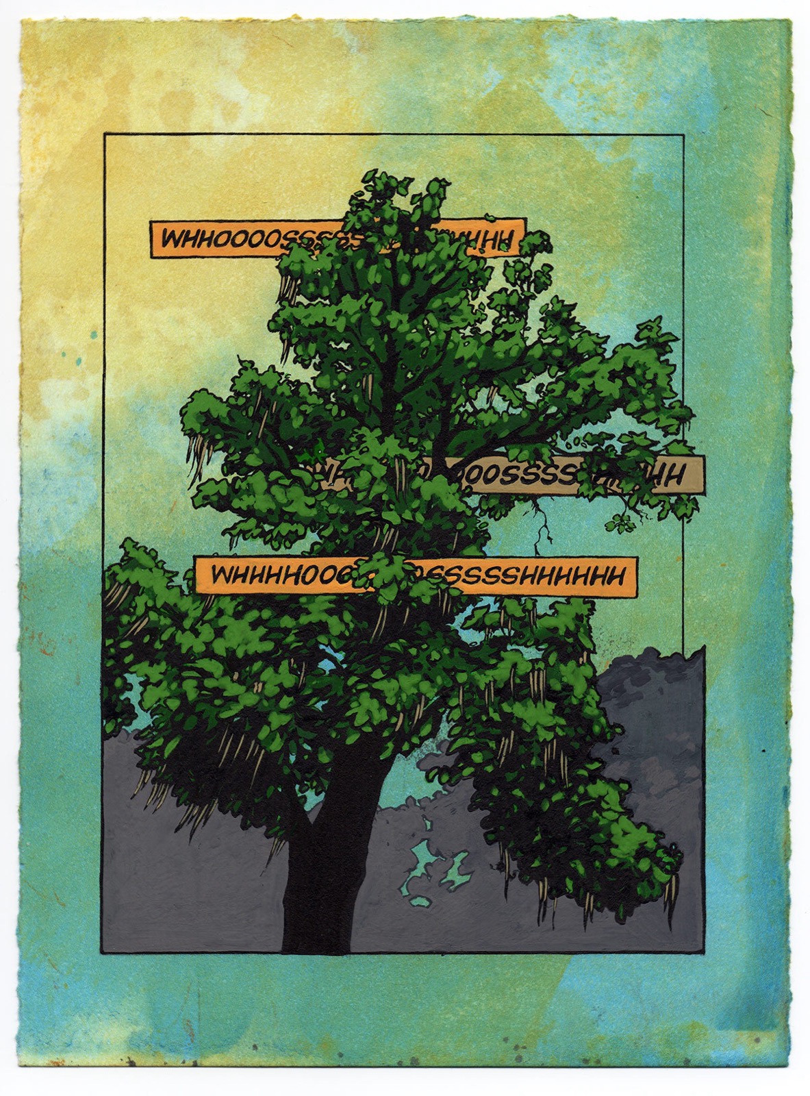 A painted tree against a green and yellow watercolor ground, with orange comic-style captions reading WHHOOOOSSSSHHHH threaded through its branches