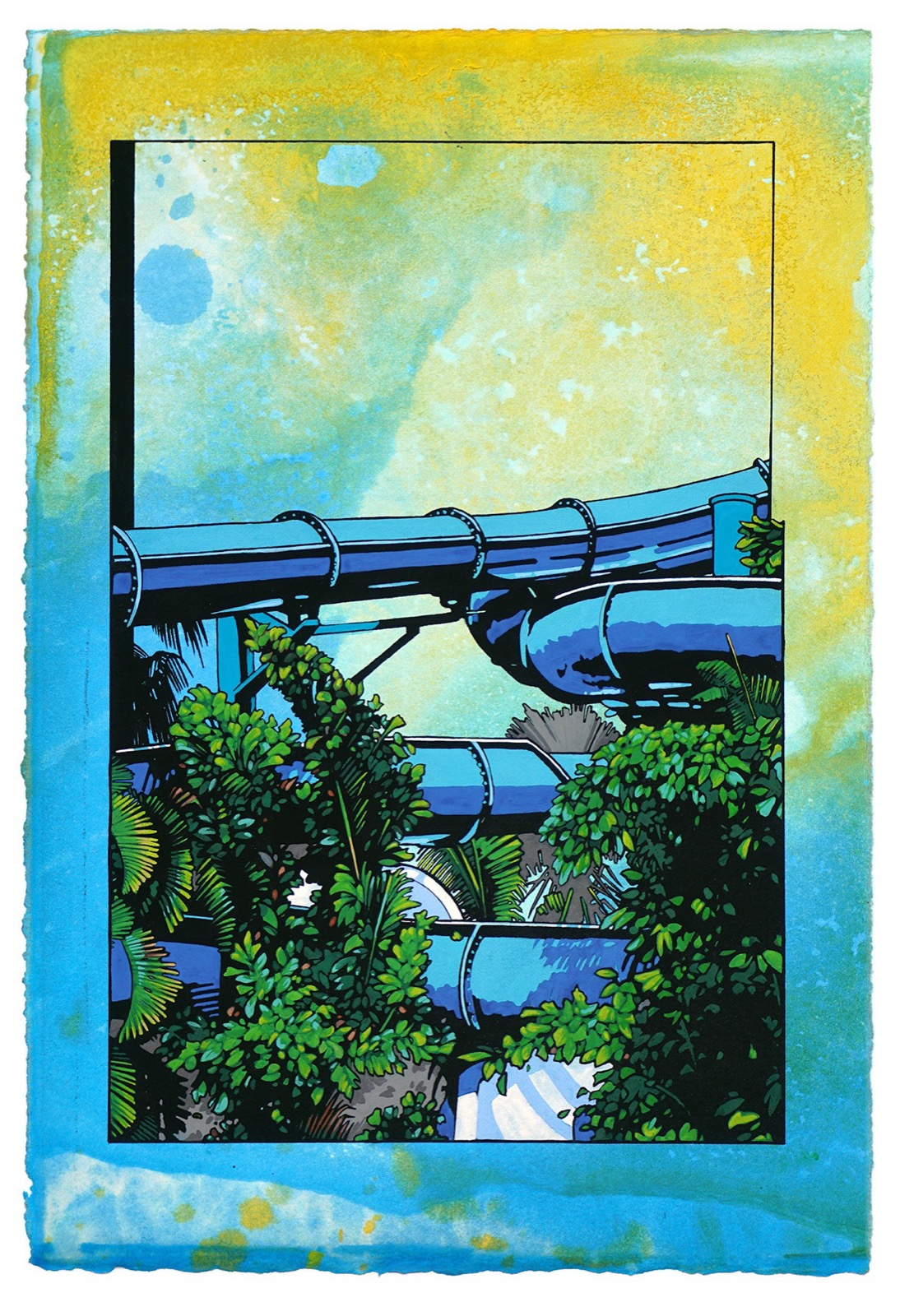 A painting of blue waterslide tubes winding through green tropical foliage, against a yellow and turquoise watercolor sky