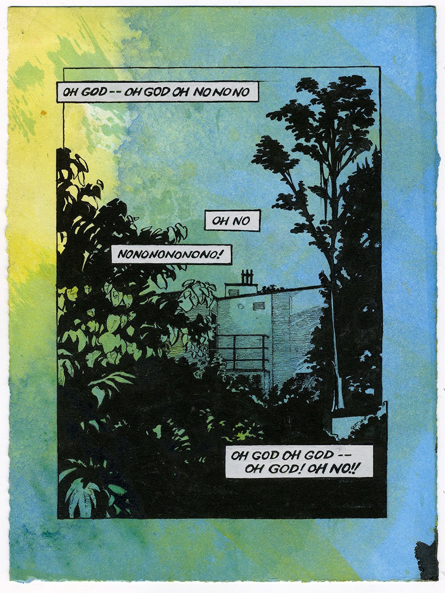 A black silhouetted garden of trees and shrubs in front of a building, with comic captions reading OH GOD, OH NO, on a blue and yellow watercolor ground