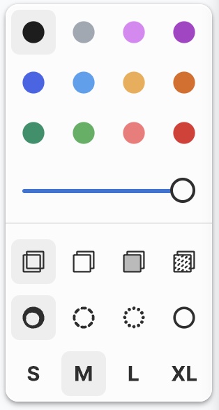 The tldraw style panel: a grid of twelve color swatches, an opacity slider, fill and dash options, and four sizes from S to XL